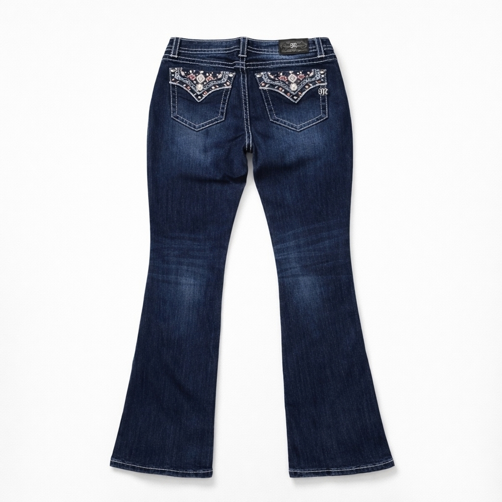 Womens Miss Me Denim Blue Jeans Size 30x34 Embellished Bootcut Faux Flap Pockets